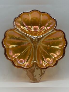 Vintage Jeannette Glass Marigold Carnival Glass 3-Leaf Clover Divided Dish